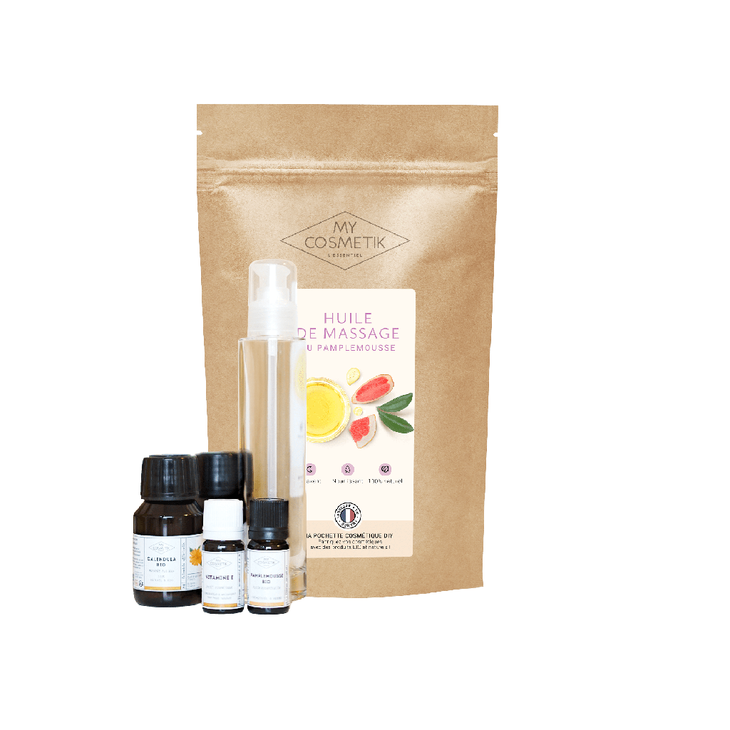 Bolsa cosmética DIY - Receita para relaxar óleo de massagem de toranja e amêndoas doces